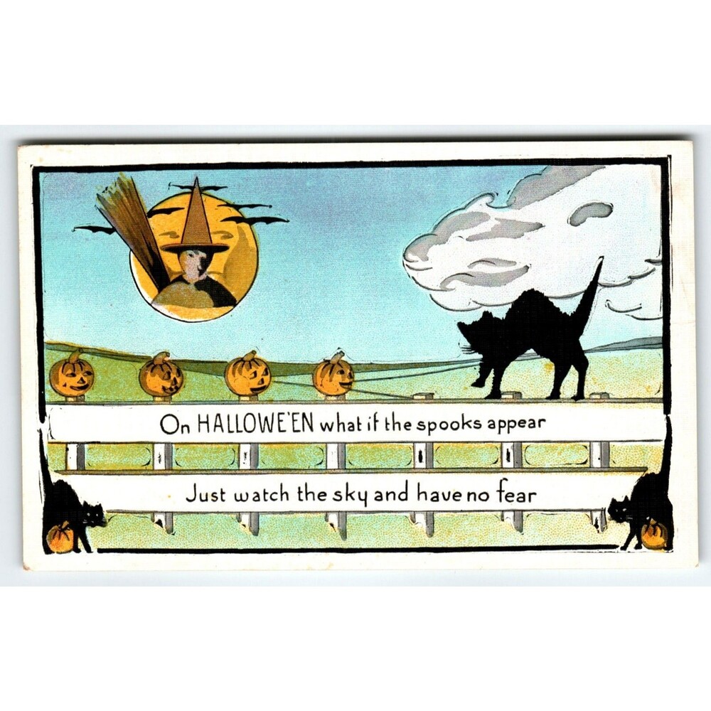 Halloween Postcard Black Cat On Fence Witch Moon JOL Vintage Metropolitan News